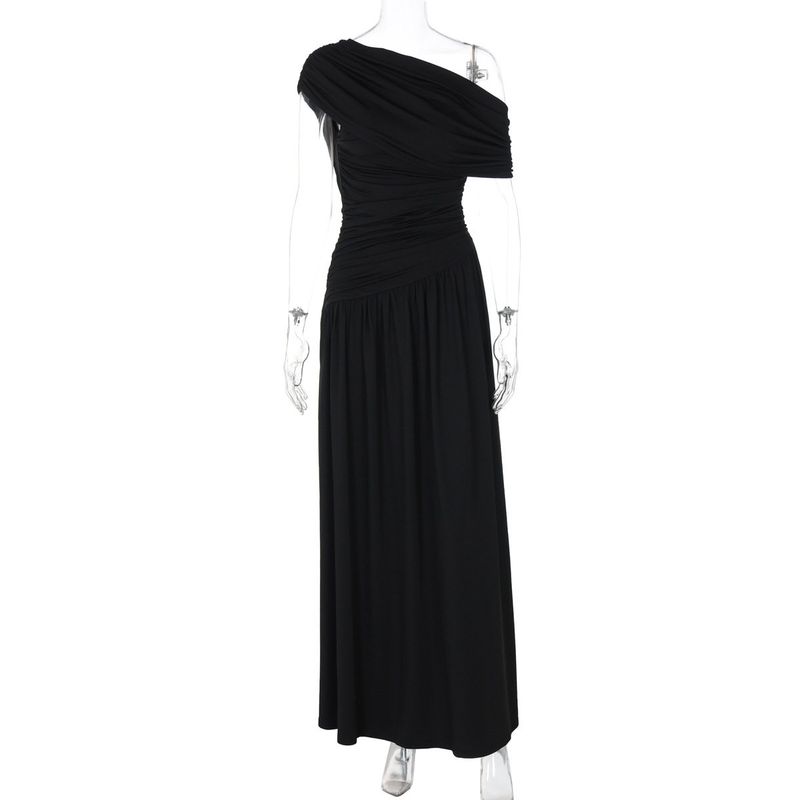 

European and American Style Long Dress Women s Clothing 2025 Summer New Fashion Sexy Asymmetrical Neckline Pleated Irregular Solid Color Dress Black S