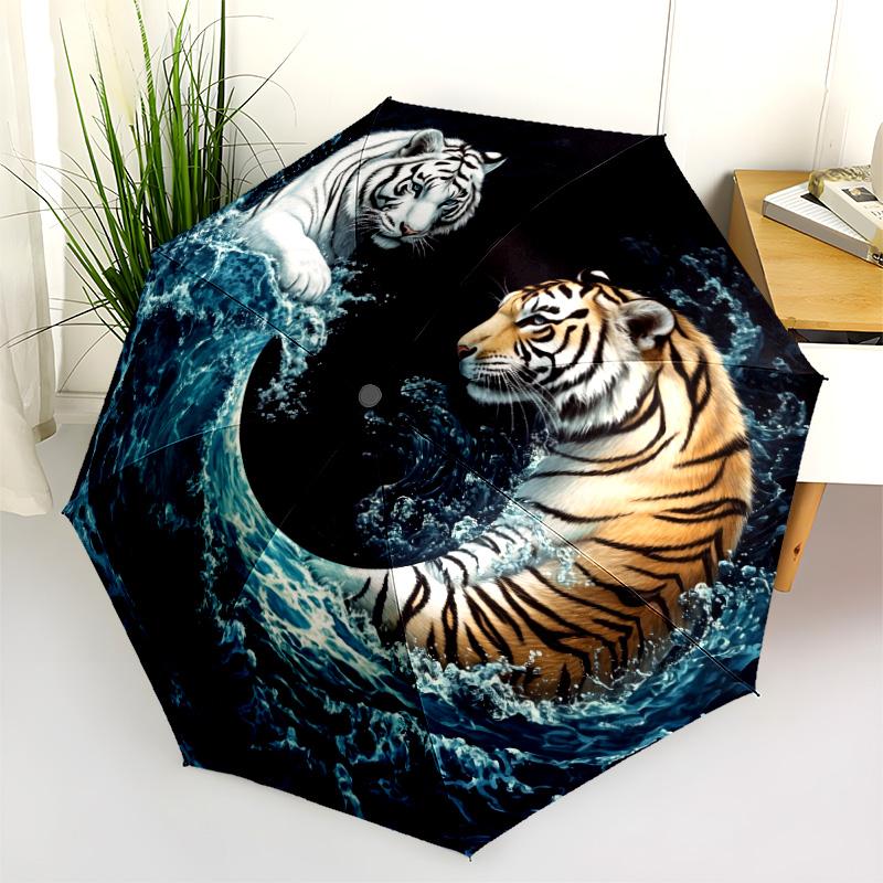 Ferocious Tiger Pattern, Automatic Folding Umbrella, Portable and Foldable Design, 8 Ribs, a Christmas or Birthday Gift.