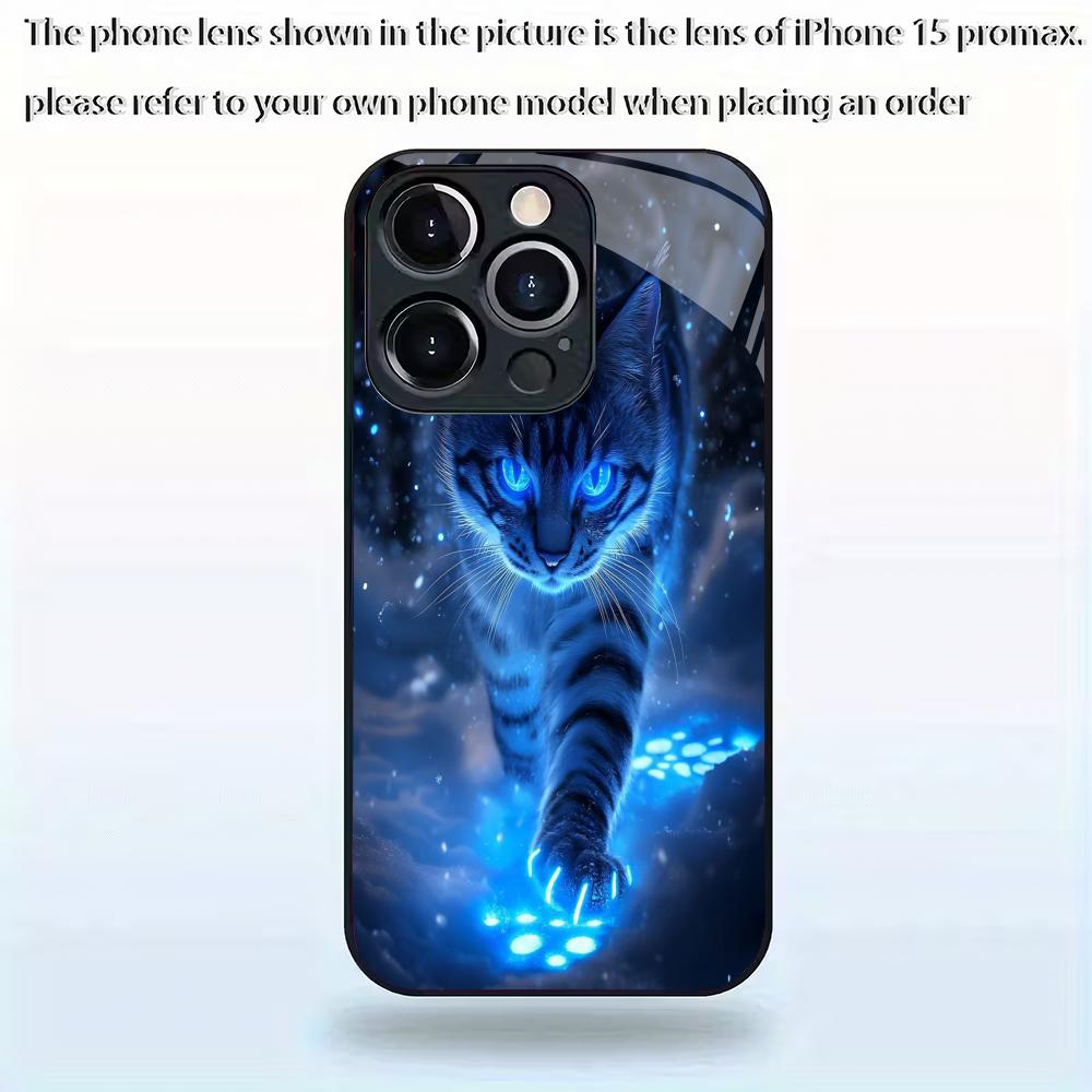 Blue Light Cat Tempered Glass Phone Case Suitable for iPhone17 16 15 14 13 12 11Pro Max Plus Anti Drop and Shockproof Back Cover