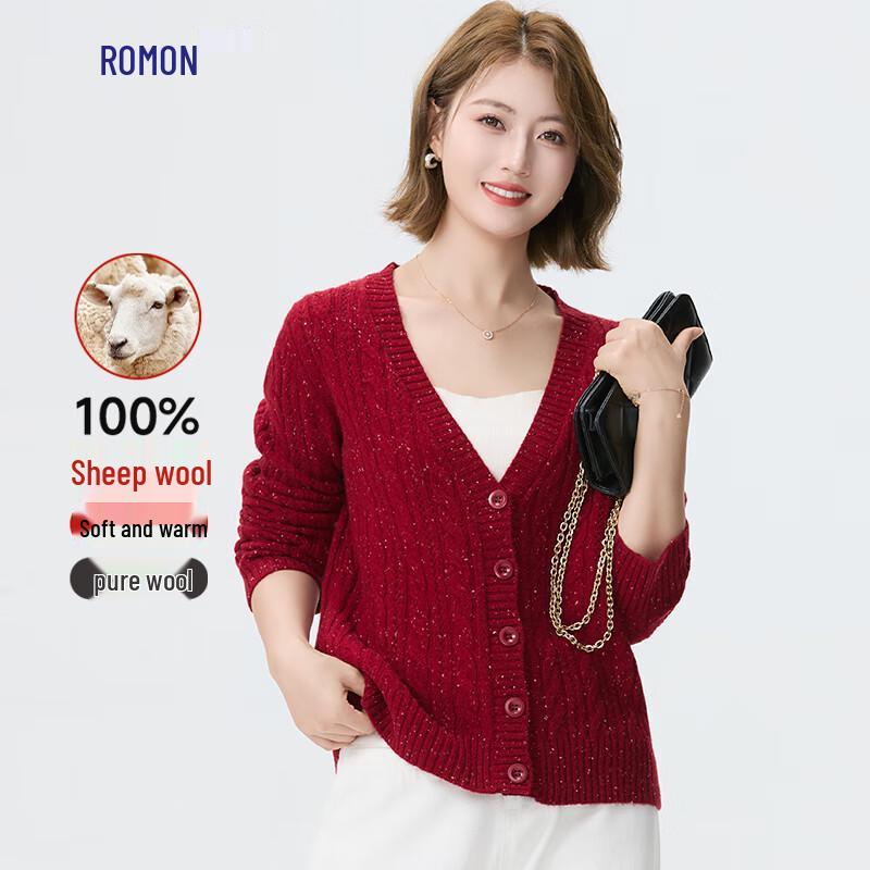 Romon Women's 100% Merino Wool V-Neck Cardigan