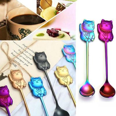 Kreativer Löffel aus 304 Edelstahl mit Cartoon-Motiv, glückliche Katze, Geschenk, Kaffee-Rührlöffel, Eiscreme