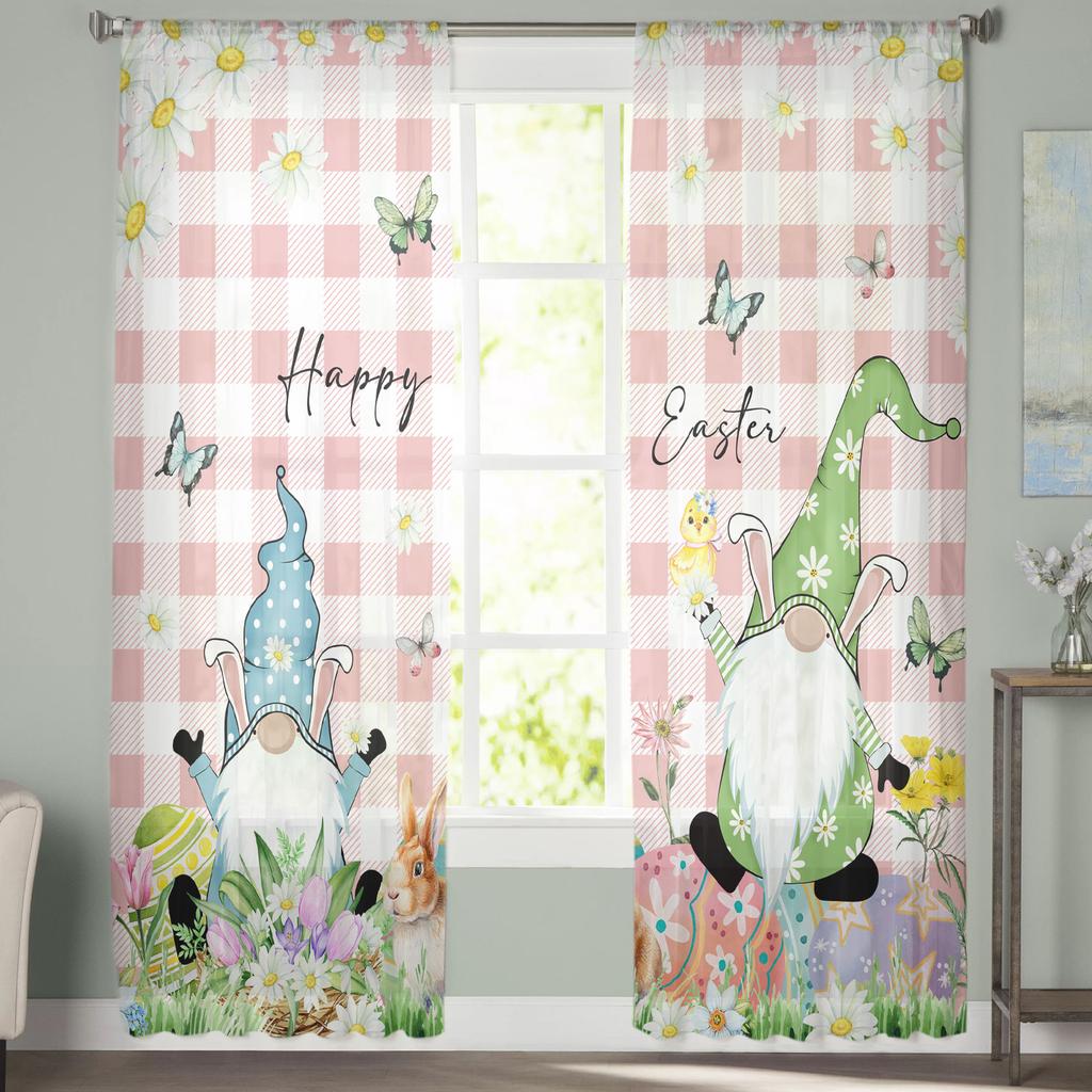 Ostergardinen Zwerge Eier Hase Gänseblümchen Tüllgardinen für Wohnzimmer Küche Transparente Voilegardine Schlafzimmer Fensterpaneele