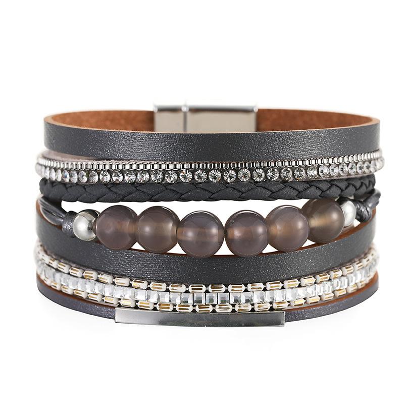 Bohemian Retro Multilayer Women Glass Drill Leather Magnetic Buckle Bracelet