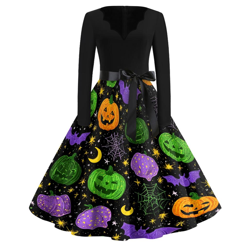 Women's Casual Vintage V Neck Dress with Long Sleeves Halloween Print Full Skirt Midi Dress with Waist Tie for Everyday Wear