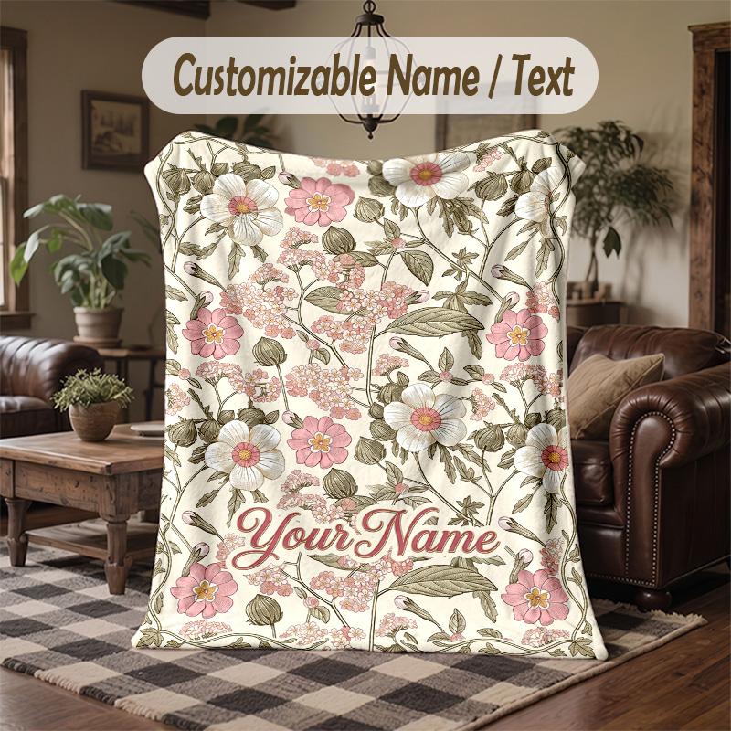 Floral Elegance Frame 1 Theme Throw Blanket Custom Name Text Personalized Blanket Soft Cozy Blanket for Home Sofa Bed