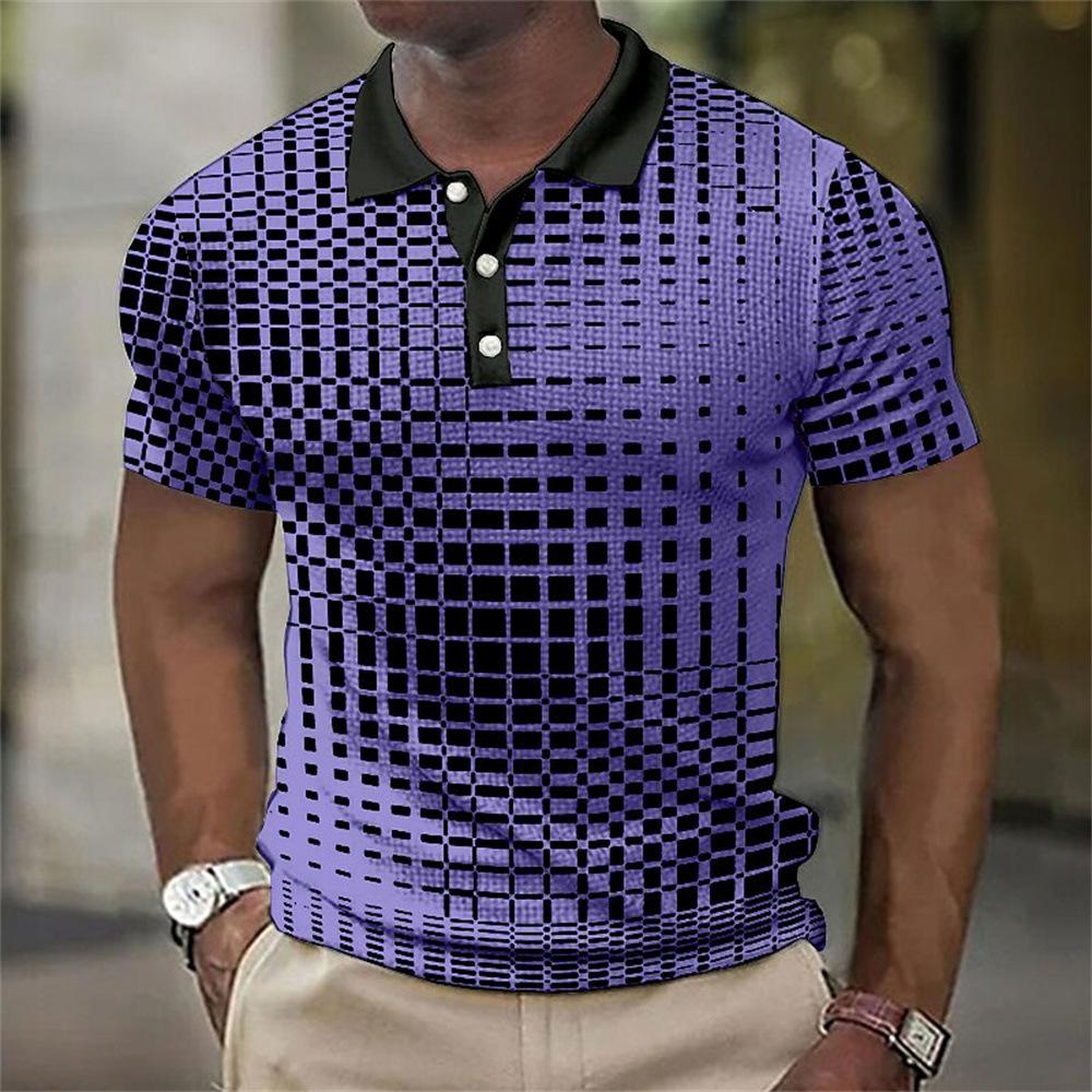 Men'S Simple Plaid 3D Digital Printing Business Casual Short-Sleeved Lapel Polo Shirt