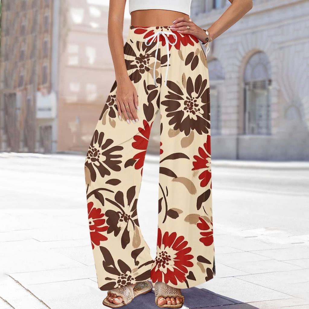Women's Printed Wide Leg Pants With Pockets High Waist Drawstring Loose Casual Pants