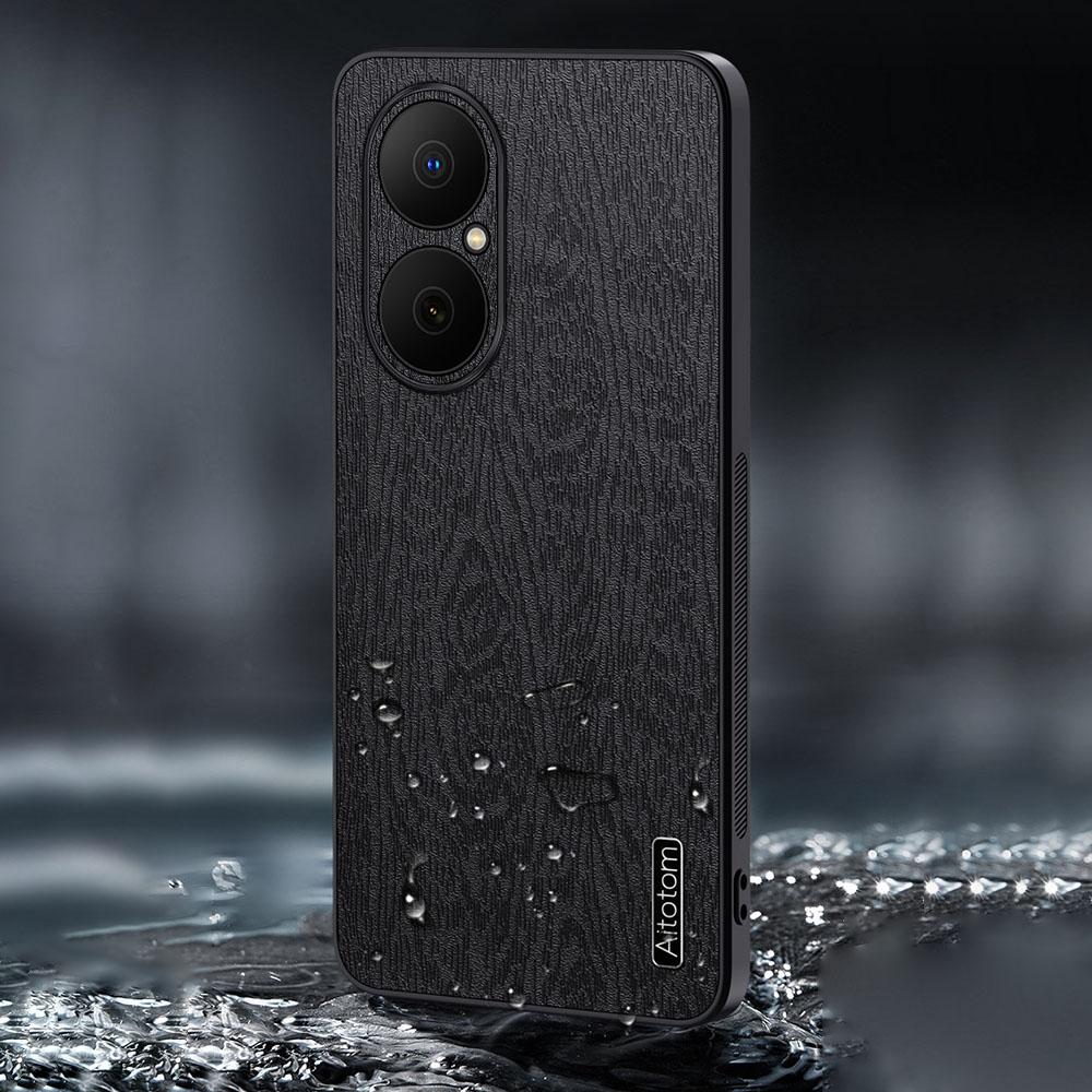 For Huawei Enjoy 80 Case Wood Texture PU Leather Coated PC TPU Phone Cover