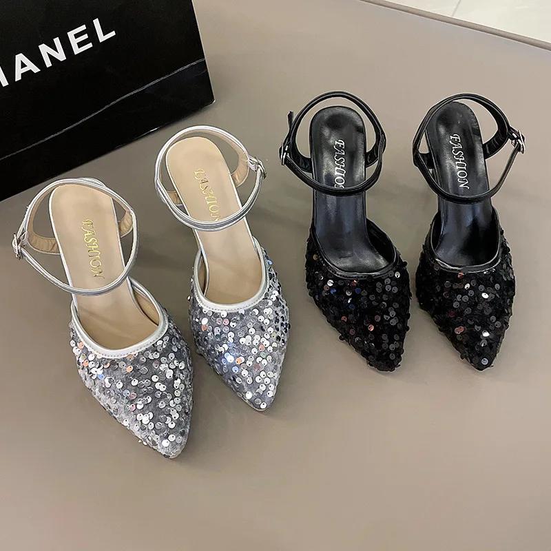 Fashion 35-42 Size Large Size Women's Shoes Wide Fat Feet Summer 2025 New Bao Toe Sandals Pointed Stiletto Heels