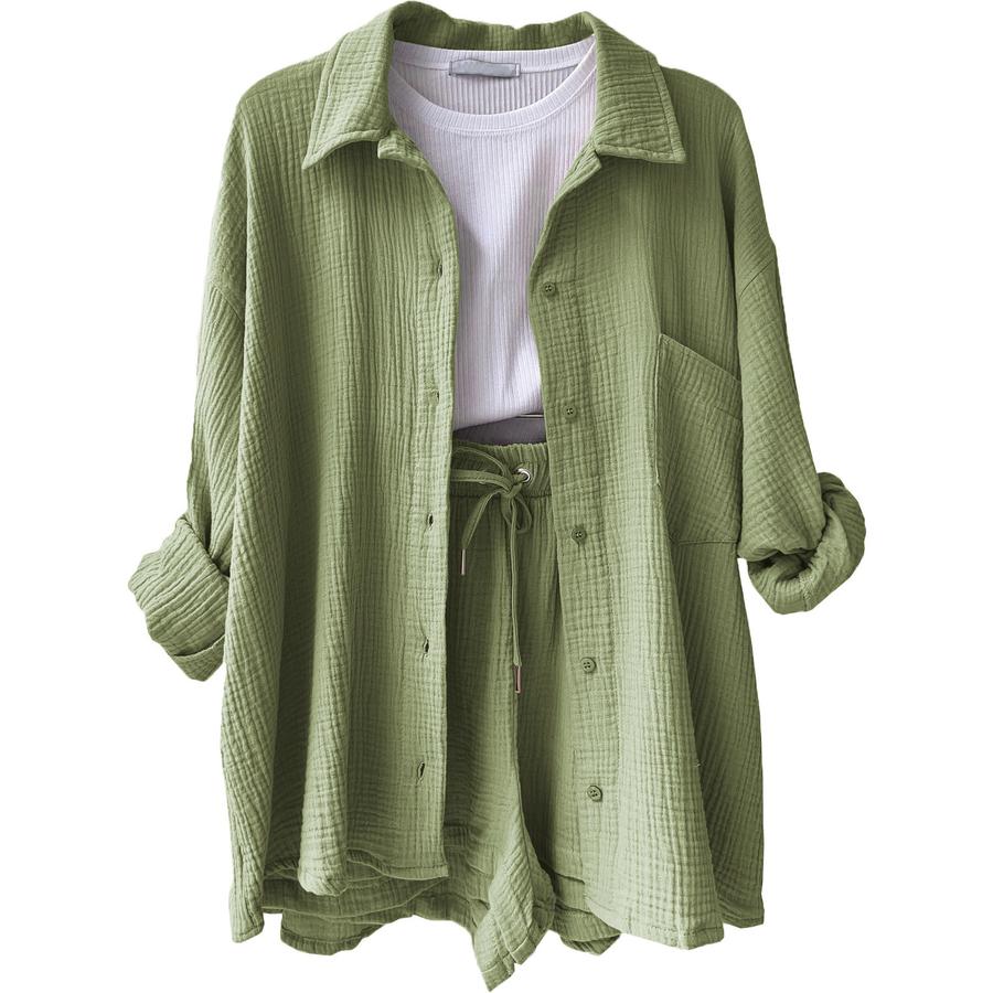Women's Two Piece Shirt and Shorts Set - Pleated Ruffle Collar Long Sleeve Shirt High Waist Drawstring Shorts Plus Size Fashion Casual Outfit