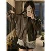 Kumikumi American vintage Black PU Leather Long sleeve Outerwear Women clothes Autumn Niche Loose Lapel Jacket Top