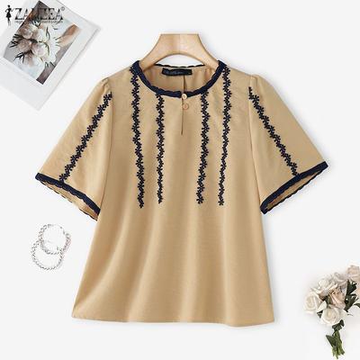 Women Round Neck Summer Casual Short Sleeve Blouse