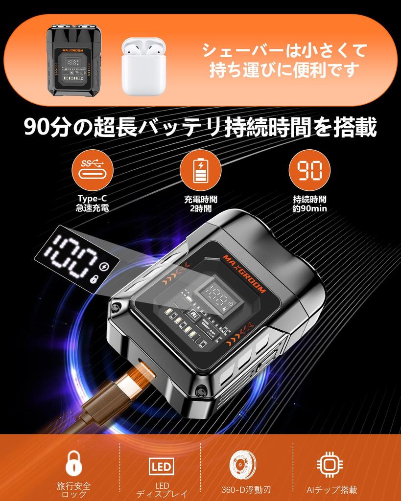 MAXGROOM Electric IPX7 Locking Openwork LED Close Rotary Magnetic Cutter Business Japanese Instruction Manual Included Men's Shaver, Waterproof,