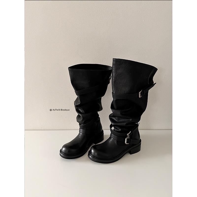 

Версия из коровьей кожи~ Ретро длинные сапоги женские с пряжкой-ремнем рыцарские сапоги с широким голенищем на толстом каблуке плиссированные высокие сапоги сапоги со сборкой 40