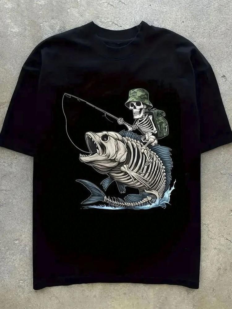Men s 100% Cotton Skull Fishing Graphic T-Shirt – White Short Sleeve Crewneck wi Unisex T-Shirt XXXL