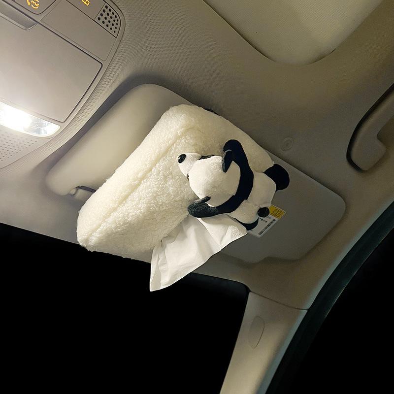 Car Tissue Boxes Panda Bow Plush Accessories Backseat Hanging Tissue Bag Box Holder Hanger Cover Auto Toys Interior Decoration