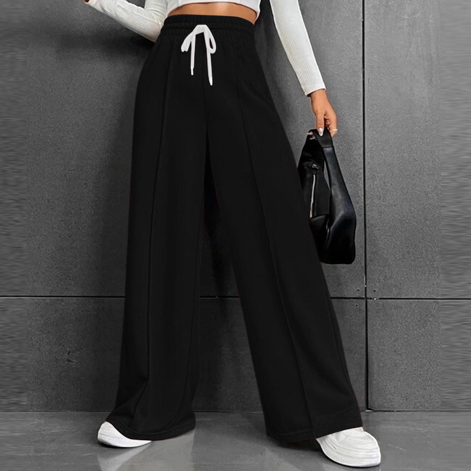 

Женские универсальные повседневные удобные свободные брюки с высокой талией на кулиске и широкими штанинами M чёрный