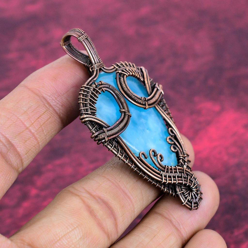 Hemimorphite Gemstone Pendant Copper Wire Wrapped Pendant Handmade Dainty Jewelry