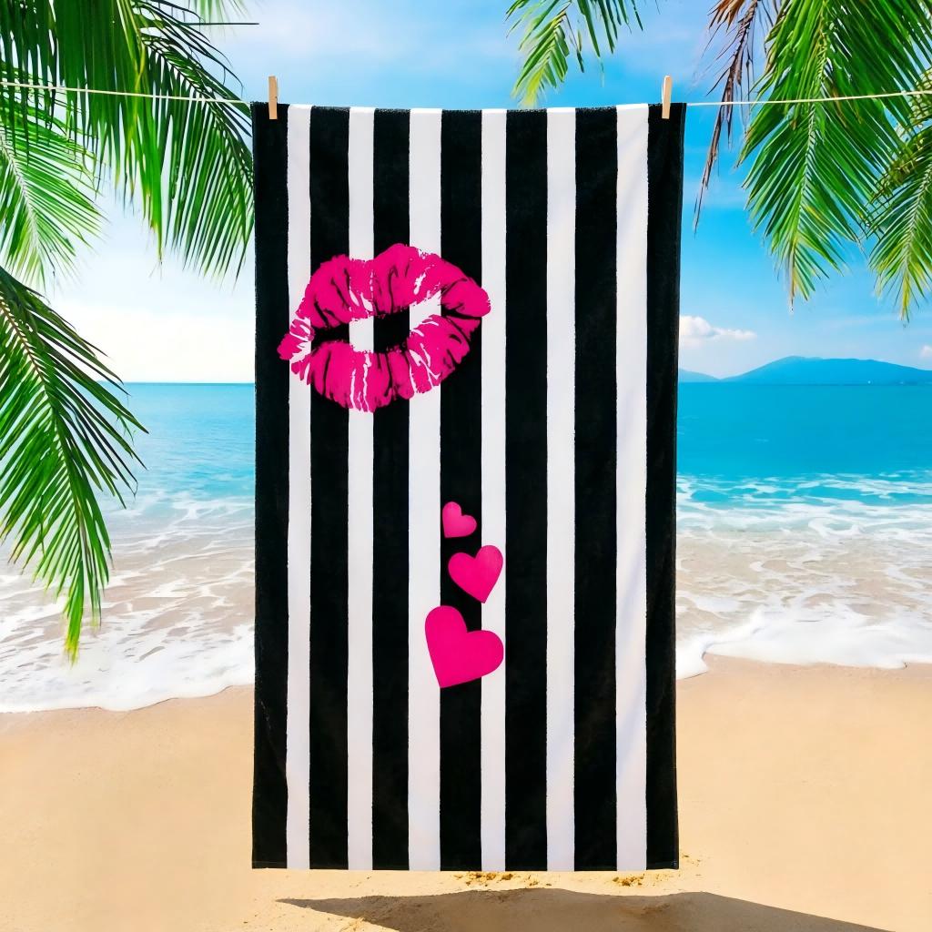 1pc Beach Towel, Soft Lightweight Black White Striped with Pink Lips, Sand-Free, Ideal for Travel, Picnic, Camping, Swimming