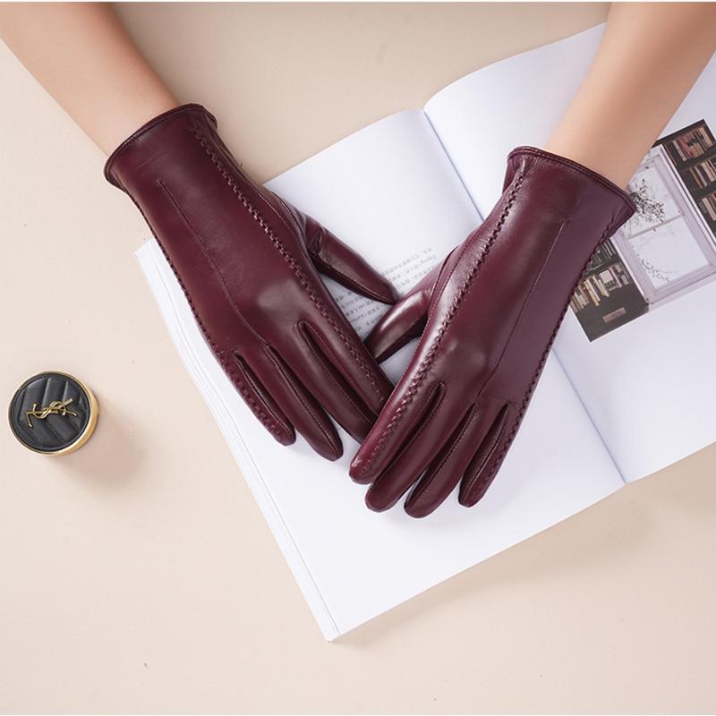 Winter Genuine Sheepskin Leather Gloves Women Warm Velvet Lined  Touchscreen Outdoor Cycling Driving Motorcycle Gloves