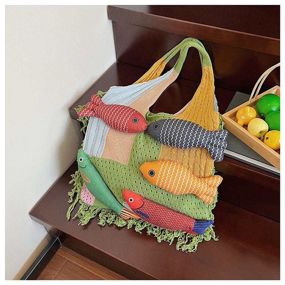 Large Capacity Hollow Out Weave Bag Fish Tote Bag Leisure Tassels Beach Handbag  Women