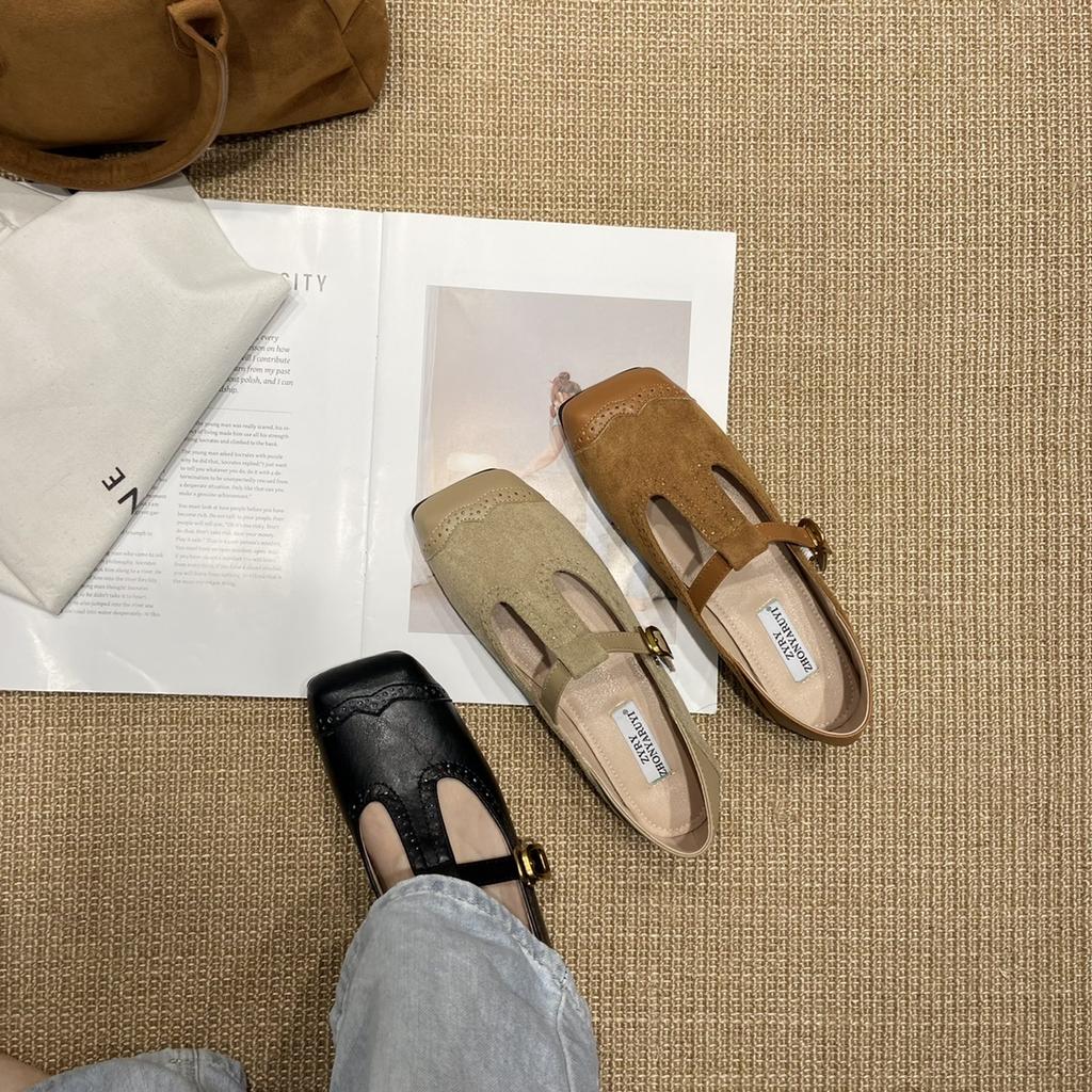 Retro Carved Square Head Niche Design Single Shoes Flat-soled Small Leather Shoes Women Niche Design French Mary Jane Single Shoes Women