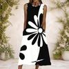 Women Plus Size Round Neck Sleeveless Black White Striped Printed A Line Long Dress With Pockets