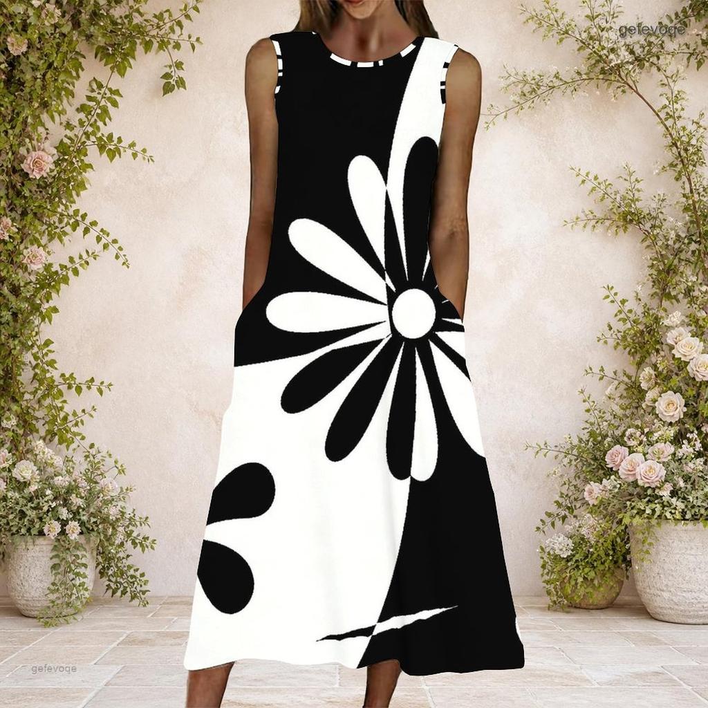 Women Plus Size Round Neck Sleeveless Black White Striped Printed A Line Long Dress With Pockets