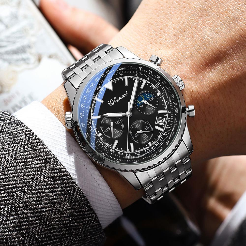 Chenxi Men's Quartz Watch Luminous Chronograph Calendar Waterproof Stainless Steel Strap Business Casual Men Watches