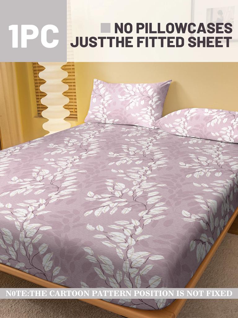 1 Simple Modern Plant Flower Leaf Printed Matte Fitted Sheet, Bedroom Printed Bed Cover, Bedding (Excluding Pillowcases)