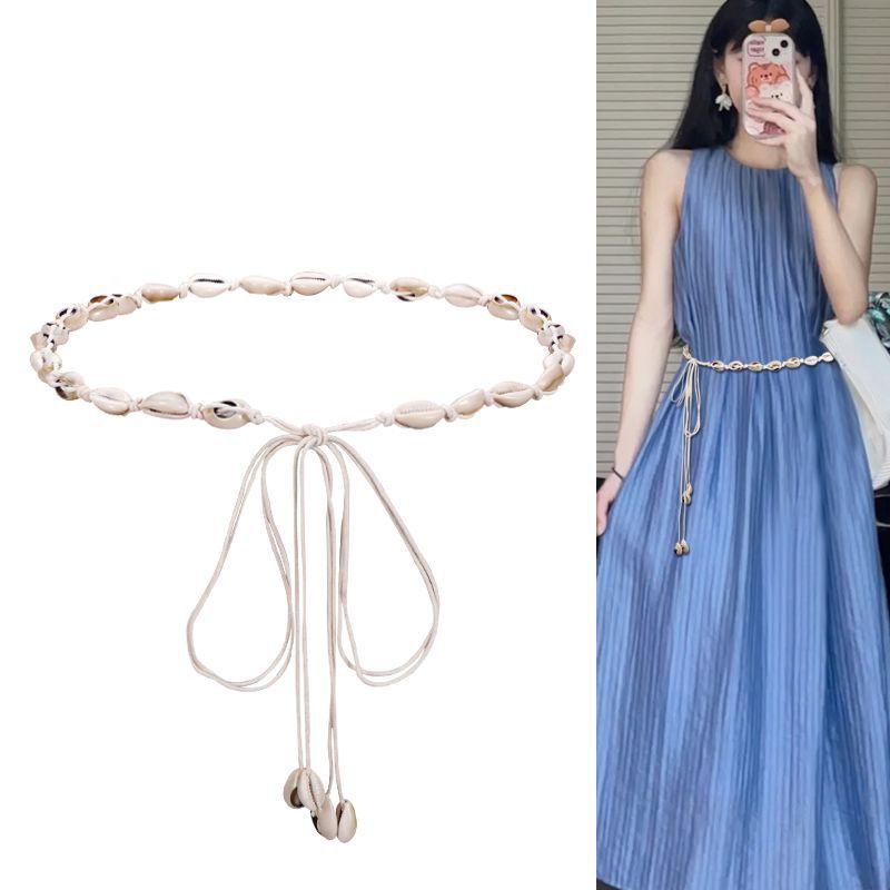 1Pc White Waist Rope Bohemian Style Woven Thin Belt Women's Shell Decoration with Dress Belt Waist Girdle