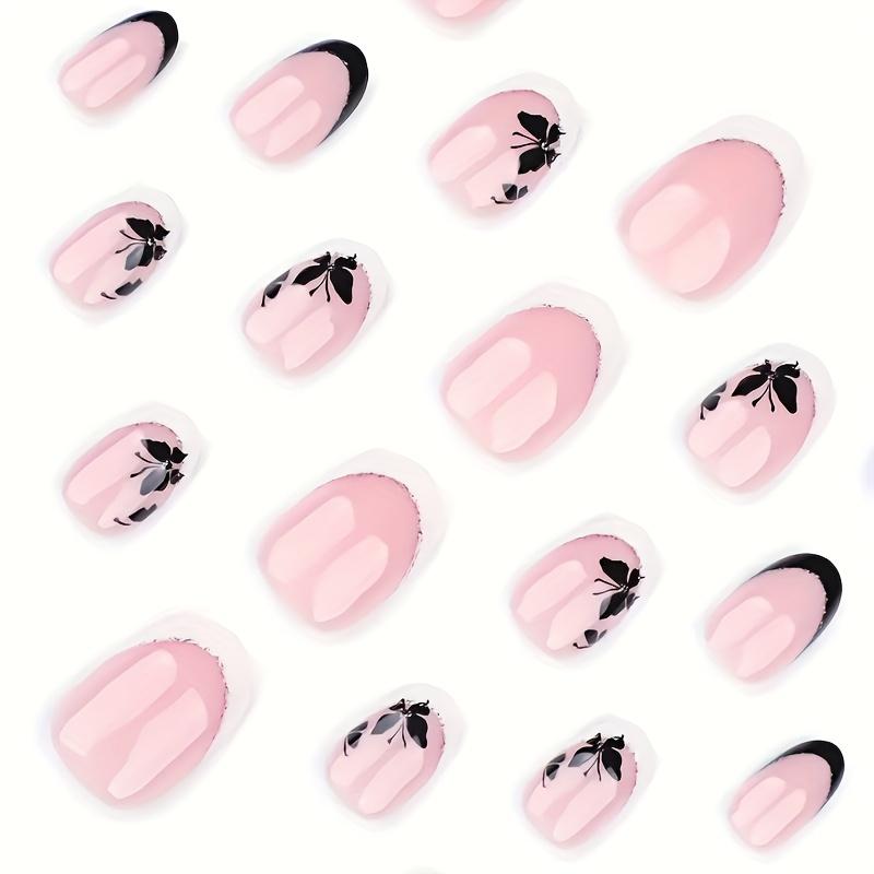 24pcs Short Oval Press-On Fake Nails Black Butterfly with Glitter Additions Nail File Jelly Glue