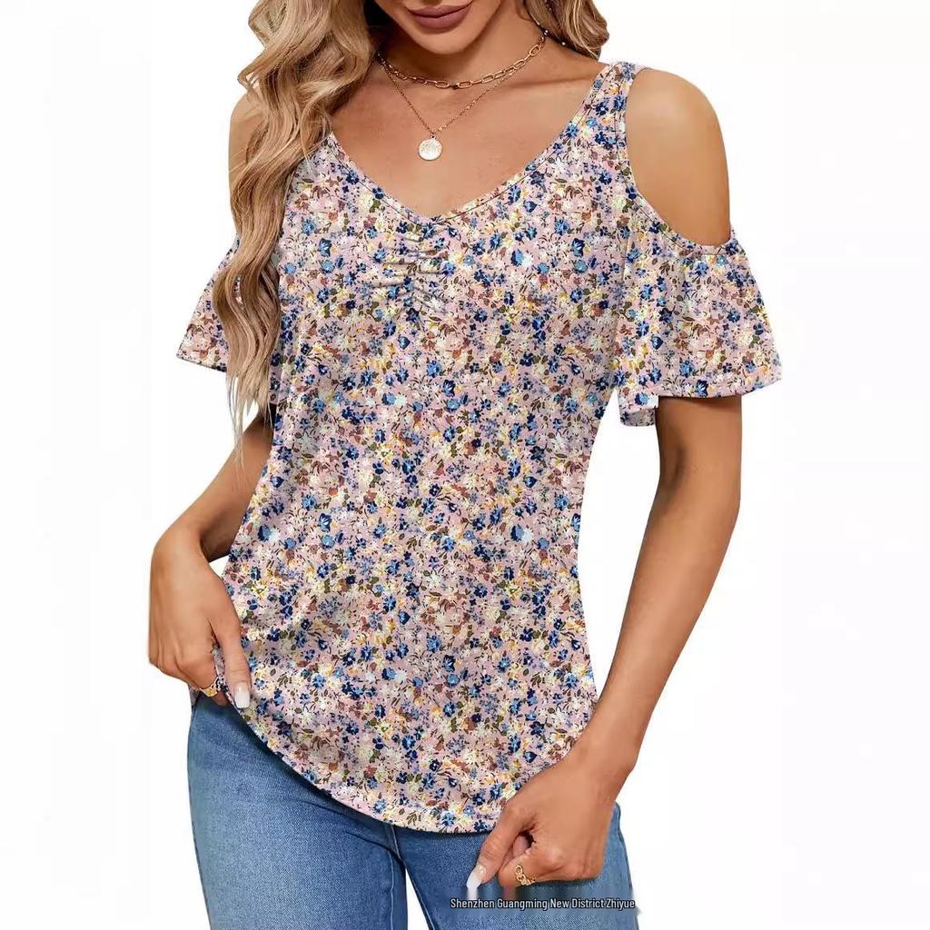 2025 Summer Off-the-Shoulder V-Neck Print Top for Women