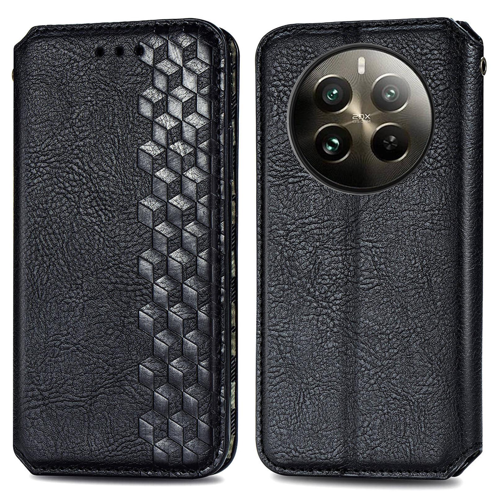 

For Realme 12 4G/12+ 5G PU Leather Case Rhombus Imprint Wallet Stand Phone Cover Black