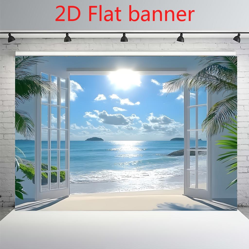 2D Plane 2D Banner 1 Tropical Island Background with Coconut Trees and Ocean Waves - Photography Background Cloth