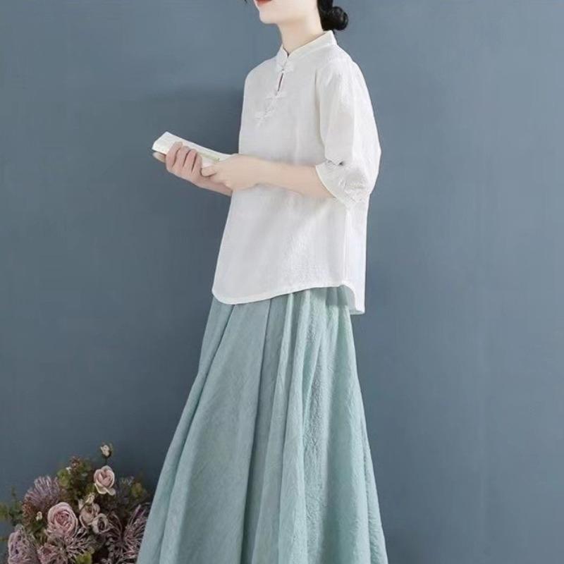 Cotton and Linen Loose T-shirt Retro Mid-sleeved Shirt Women's Chinese Style Tea Service Loose Pullover