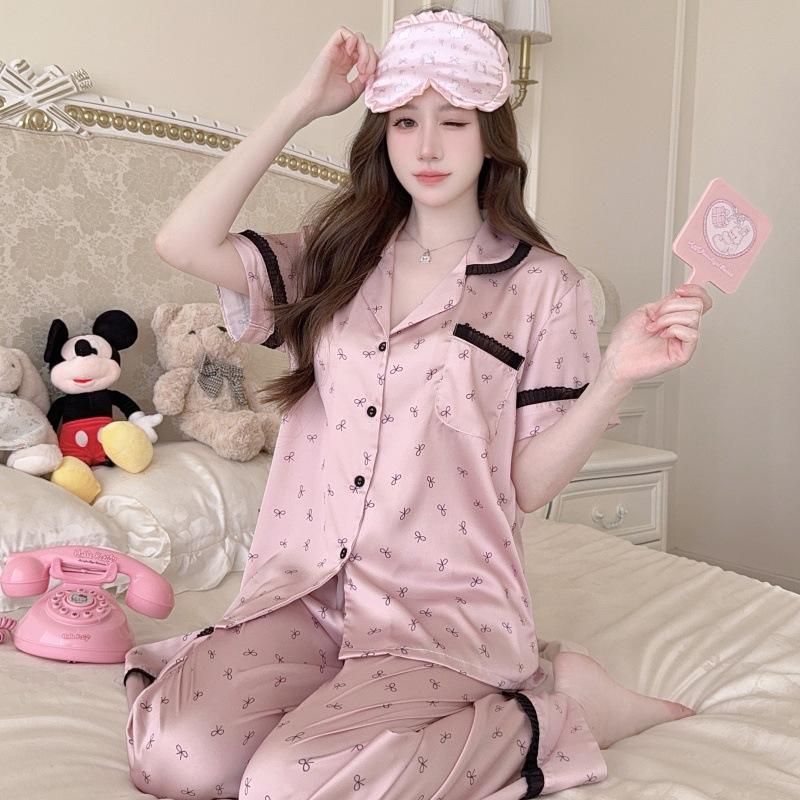 Summer Ice and Snow Silk Pajamas Women's Suit Short Sleeve Trousers Sweet Girl Pink Bow Lace Homewear Douyin