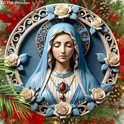 Elegant Wooden Sign with Our Lady Pattern, Unique Round Sign for Wall Front Door Hanging Decor, Ideal Festival Ornament