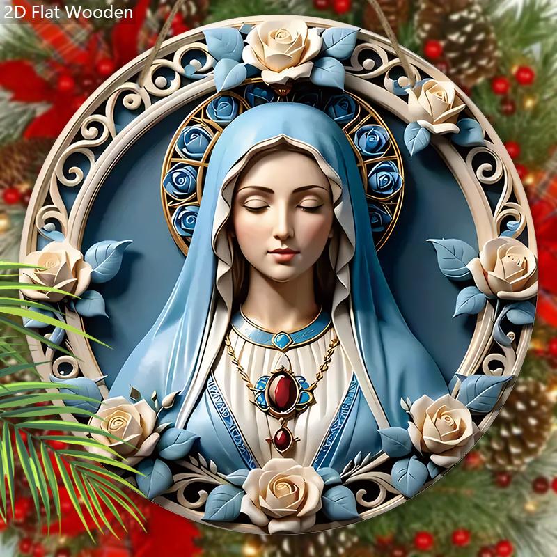 Elegant Wooden Sign with Our Lady Pattern, Unique Round Sign for Wall Front Door Hanging Decor, Ideal Festival Ornament