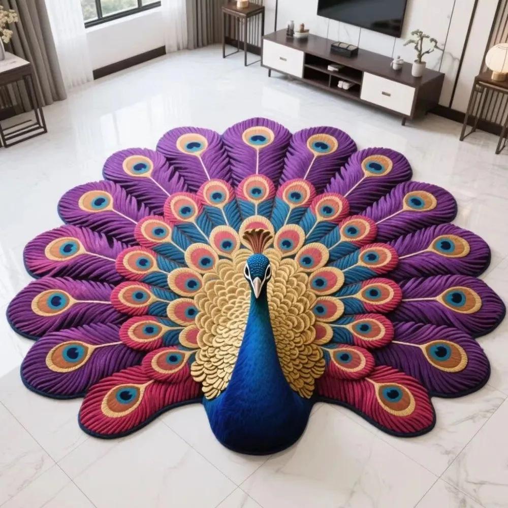 3D Peacock Floral Round Carpet Plush Print Area Rug Home Decoration Non Slip Easy Care Living Room Sofa