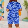 Women Plus Size Blue Green Paisley Printed Round Neck Short Sleeve Top Pocket Shorts Two Piece Set