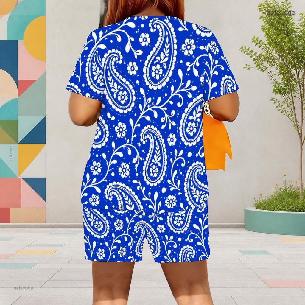 Women Plus Size Blue Green Paisley Printed Round Neck Short Sleeve Top Pocket Shorts Two Piece Set