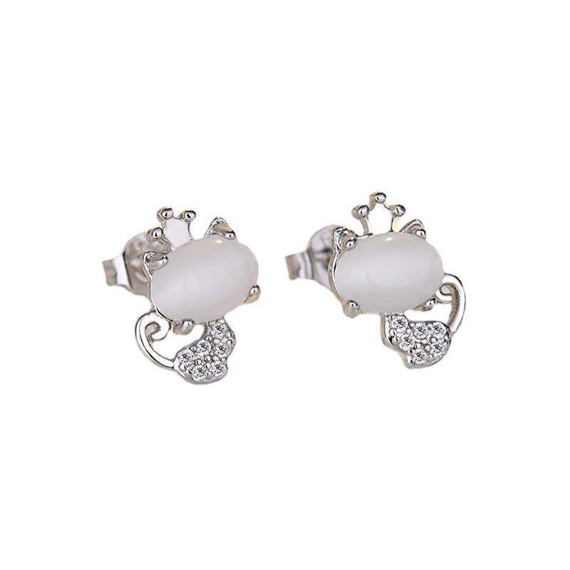 Cute Kitten Cat Eye Stone Needle Earrings for Women New Trendy Earrings Niche Design Earrings