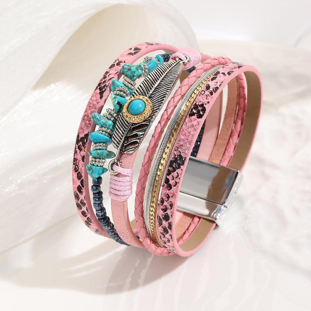 Bohemian Style Crushed Stone Feather Leather Bracelet with Vintage Turquoise and Magnetic Clasp
