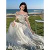 Seaside vacation style suspender skirt yarn French ruffle edge beach dress atmosphere long dress elegant fairy dress