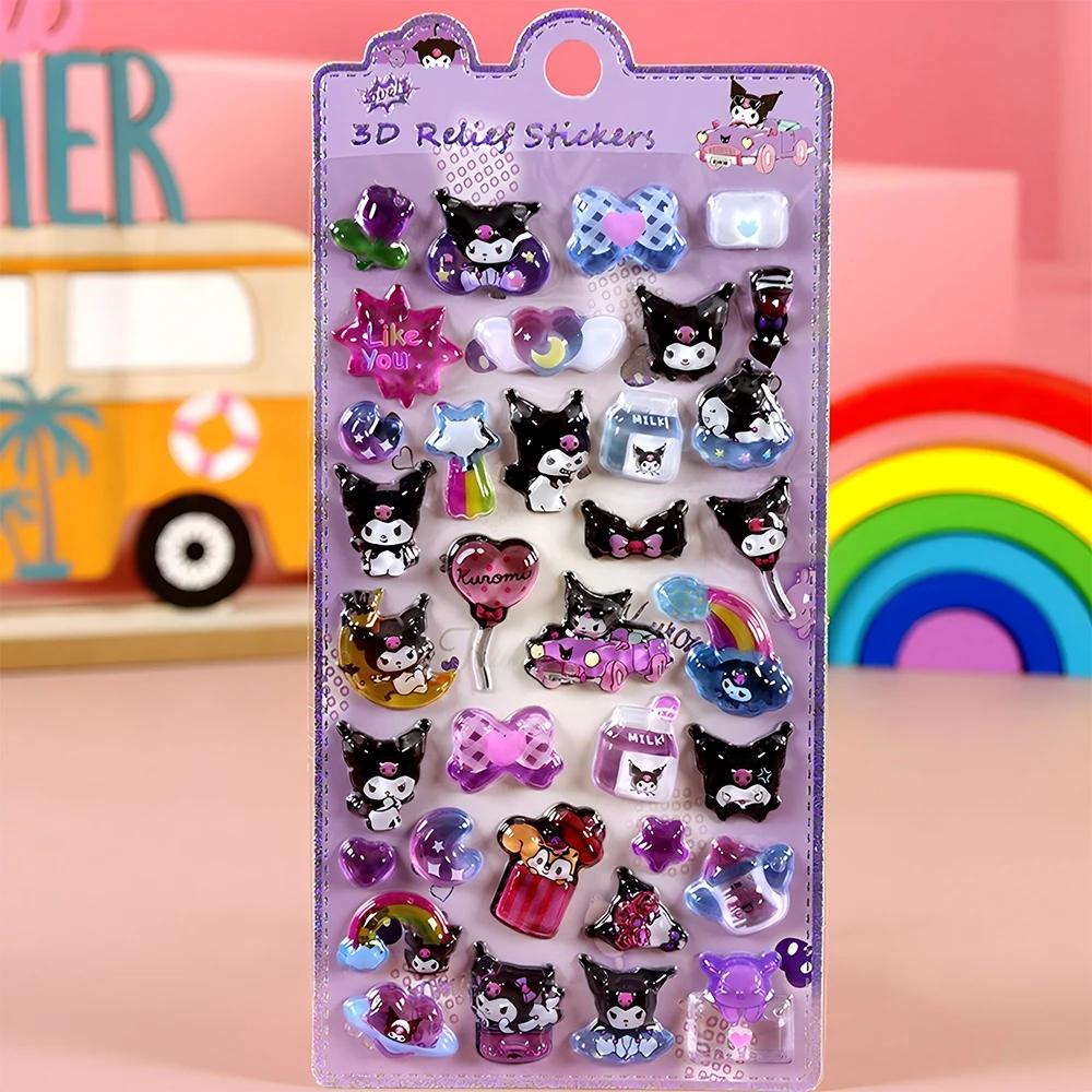 Cute Sanrio Kuromi My Melody 3D Relief Stickers Kawaii Girls Cartoon Crystal Sticker Handmade Diy Hand Account Decals Gifts