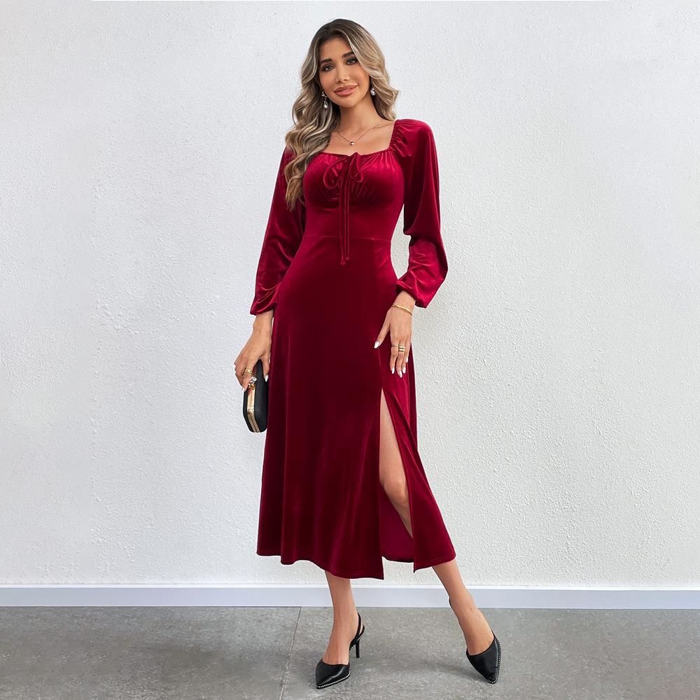 Women's Western Sexy Slit Cinched Square Neck Puff Sleeve Long-Sleeve Velvet Dress