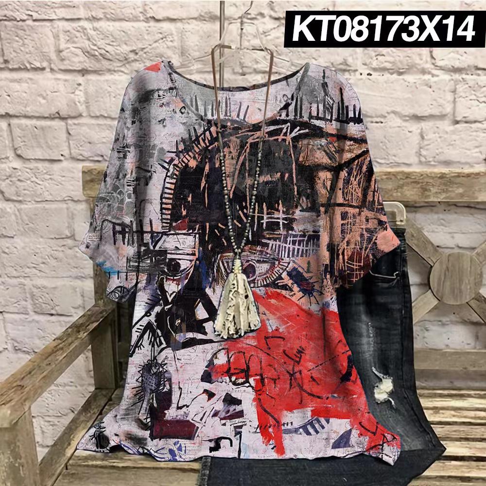 Plus Size Retro Color Blocked 3D Printed Summer Casual Round Neck Short Sleeved Loose Slimming Loose T-shirt