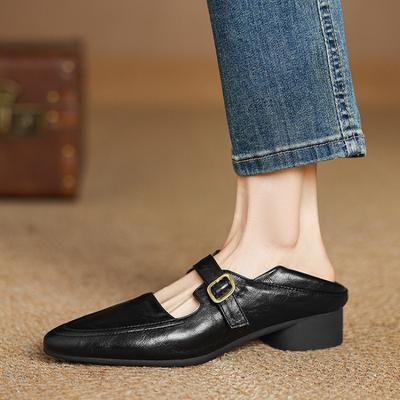 The New Comfortable Slippers Can Be Worn Twice, Pointed Toes and One Pedal, Rubber Soft Soles, Thick Soles, Non-slip, Mid-heel Square Heel, Four-s