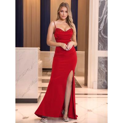 Romagic Red Wedding Party Dress Sleeveless Spaghetti Strap V Neck Green Split Pleated Blackless Long Mermaid Evening Prom Gown